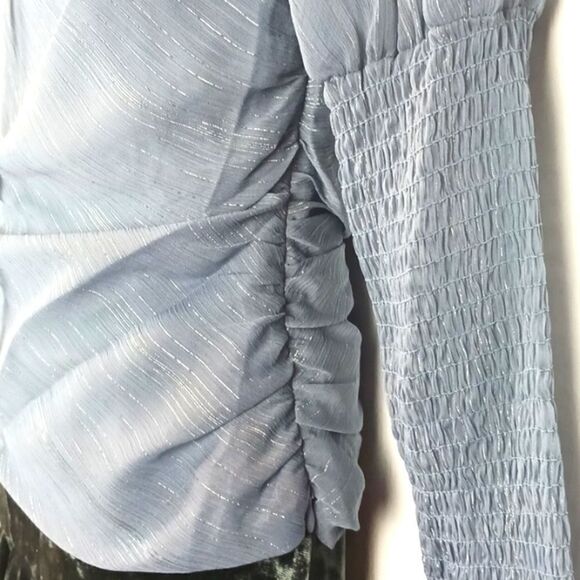 WAYF Whimsigoth Slate blue chiffon ruched long puff sleeve top size small fairy - Picture 4 of 13